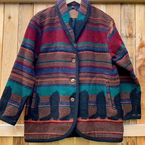 WOOLRICH Vintage Wool Aztec Western Boots Button Down Winter Coat Jacket Large - Picture 12 of 13